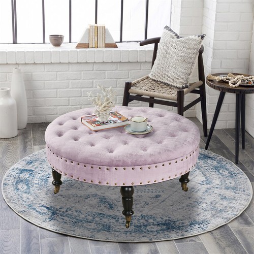 Large Upholstered Tufted Button Velvet Round Ottoman Coffee Table Caster Wheels - Picture 180 of 186