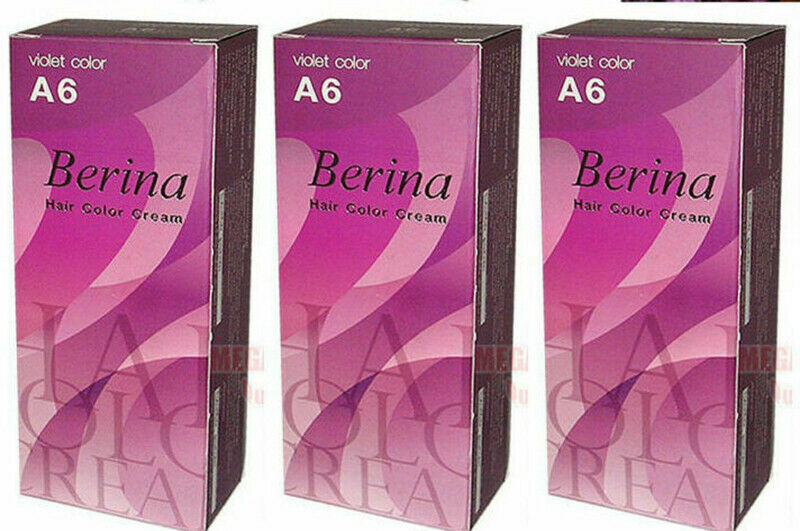 3 x Berina Permanent Hair Dye Color Colour Cream # A6 Violet