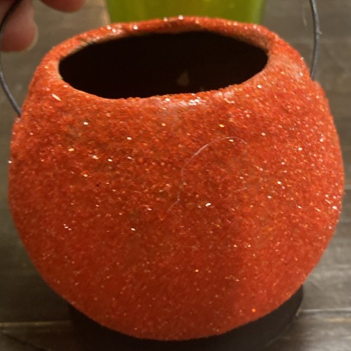 Paper Mach Orange Glittered Jack O Lantern Pumpkin W/Handle Small - Picture 4 of 8