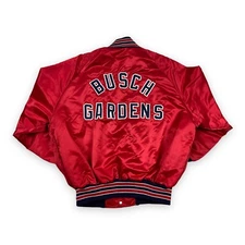 Vintage Busch Gardens Sewn Spell Out Satin Bomber Jacket XL “Jack” Chain Stitch