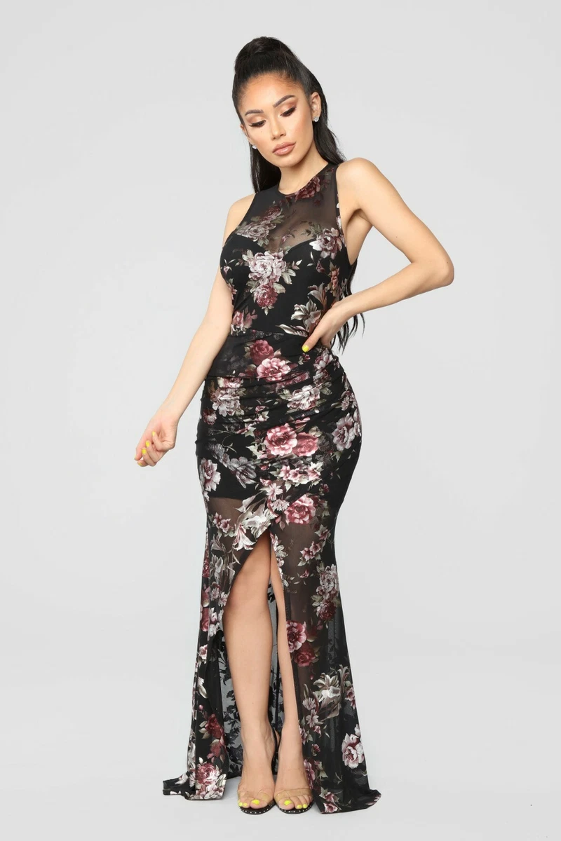 High neck hot sale slit dress