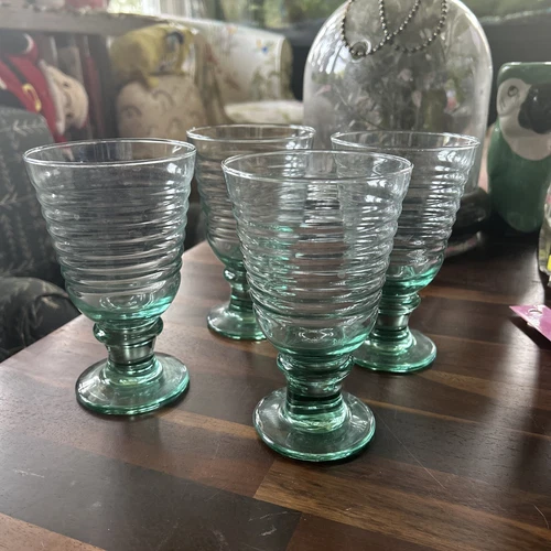 Set of 4 Vintage Anchor Hocking Green Ribbed Stemmed Tumbler Glasses  6.25” tall