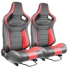 Pair of PVC Carbon Fiber Leather Reclinable Racing Seats W/Silders Red+Black