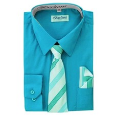 Berlioni Kids Boys Long Sleeve Dress Shirt With Tie and Hanky Turquoise