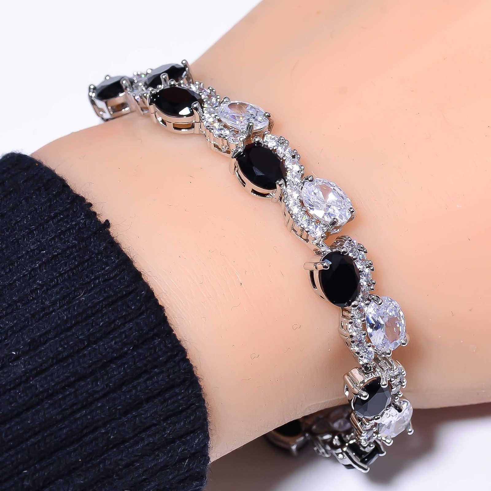 Black Onyx & Cubic Zirconia 925 Sterling Silver Tennis Bracelet 7.99