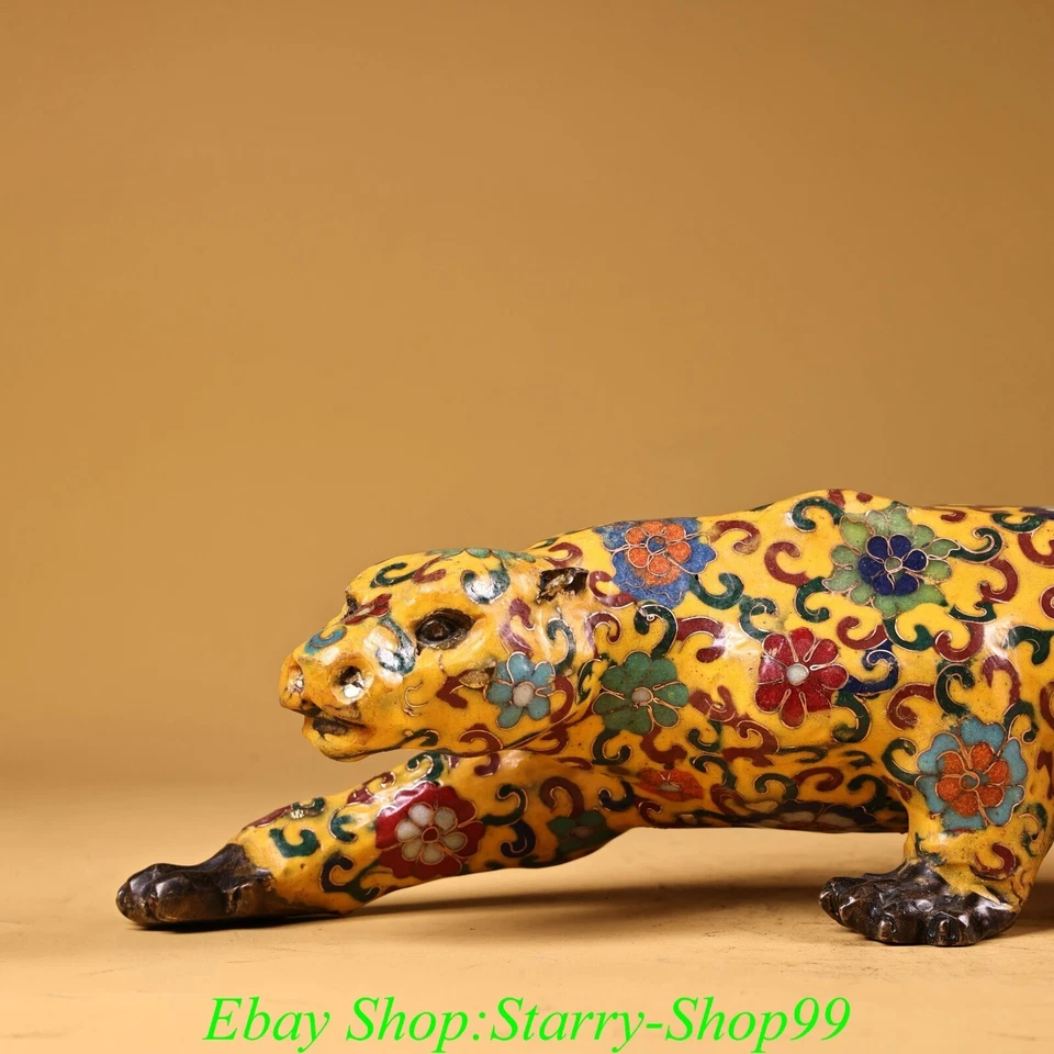 Antigua estatua animal bestia leopardo Fengshui esmalte cloisonne bronce dinastía China Foto 2 de 4