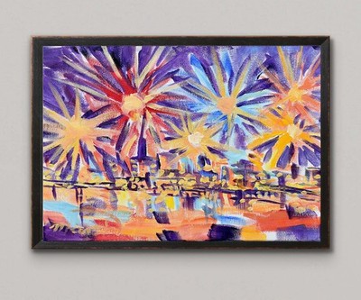 Original Bold 11x14 Impressionist Fireworks Painting Acrylic Canvas Signed Decor