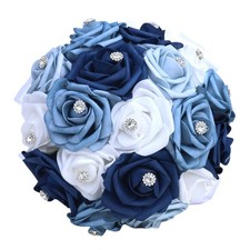 Dusty Blue Ivory Artificial PE Rose Bridal Bouquet Rhinestone Embellishments
