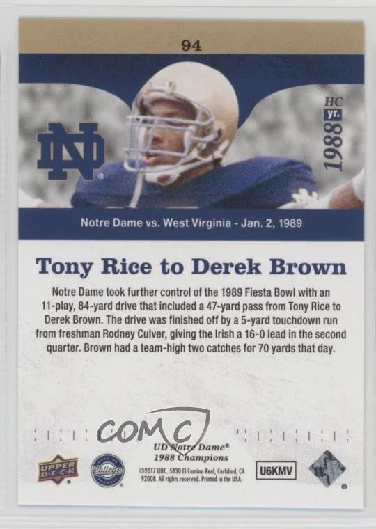 2017 Notre Dame 1988 Championship Blue Pattern Rainbow Tony Rice to Derek Brown - Image 2 of 2