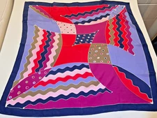 100% Silk Scarf CMB London Made in Japan VTG Abstract Pattern Blue Purple Red