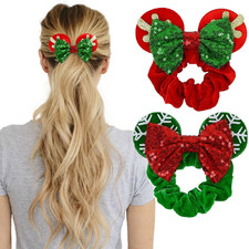 Red Christmas Scrunchies with Bow and Sequins, Velvet Mouse Ear Hair Ties for Wo