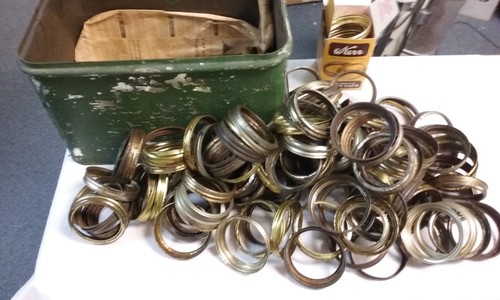 125 Rusty Wide Mouth & a few Small Mouth Canning Jar Ring Bands for Crafts w Box