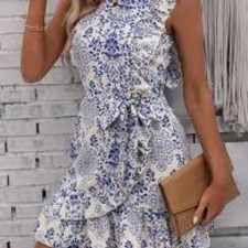 SHEIN One Shoulder Blue Floral Print Ruffle Dress Women Size M CottageCore Fairy