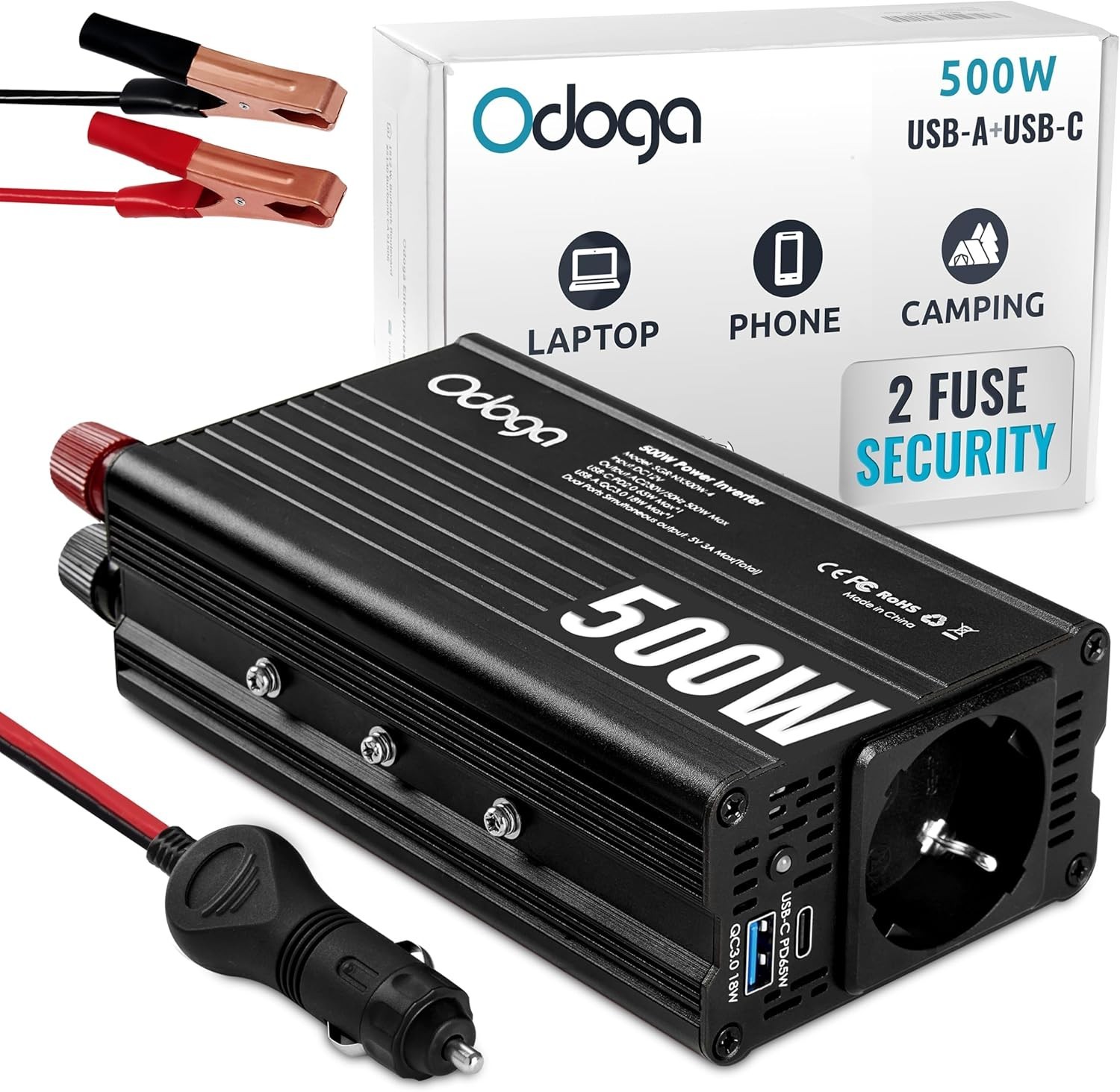 Convertisseur voiture 12V 220V 500W Onyx avec ports USB-A et USB-C