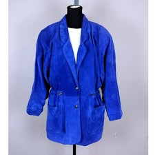 Vintage Long Suede Leather Drawstring Jacket Blue 80s Paisley Lined R E
