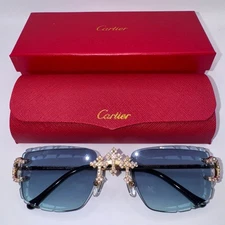 Cartier Buffs Sunglasses Triple Cross Diamond Cut Lens Blue Tint