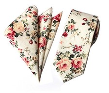  Men's Skinny Handkerchief Tie Cotton Floral Necktie & Pocket One Size Beige