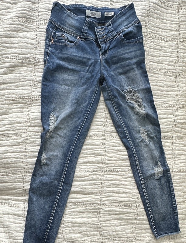 YMI Women’s Mid Rise Skinny Jeans Blue Denim Distressed Button Fly 5-Pocket