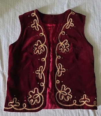 Vintage Bohemian Velvety Vest Tunic Burgundy Gold Embroidered Velvet Silk Size S