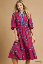 Umgee Berry Mix Floral Midi Dress with Ruffle Trim and Elastic Waist