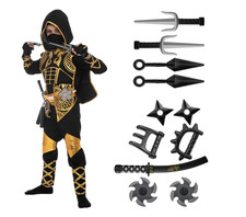Ninja Hooded Costume Complete Outfit Size Kids-Med Black/Gold -Spooktacular