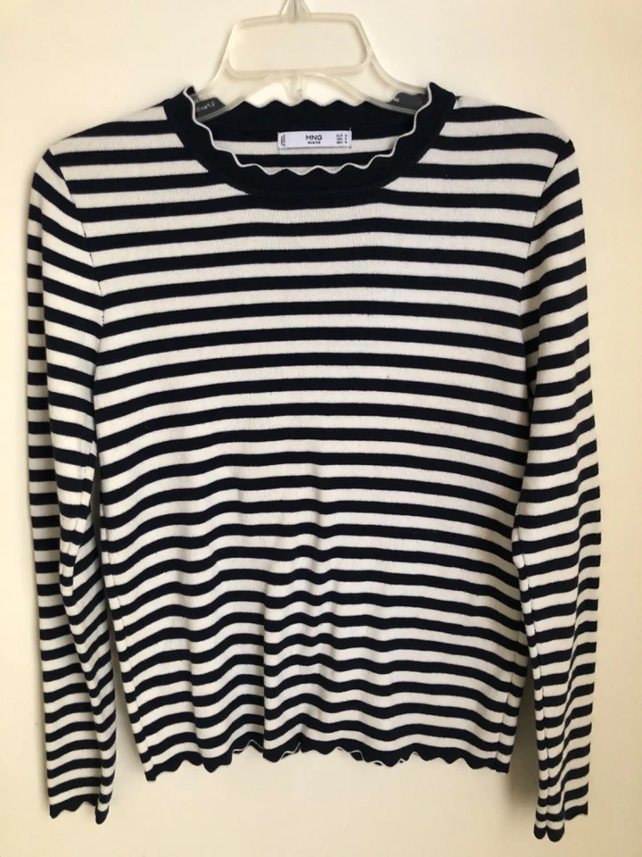 Suéter Festoneado Mango Rayas Blanco Azul Marino Oscuro Talla Pequeña Foto 2 de 4