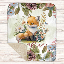 Personalized Baby Fleece Blanket With Name, Custom Fox Newborn Sherpa