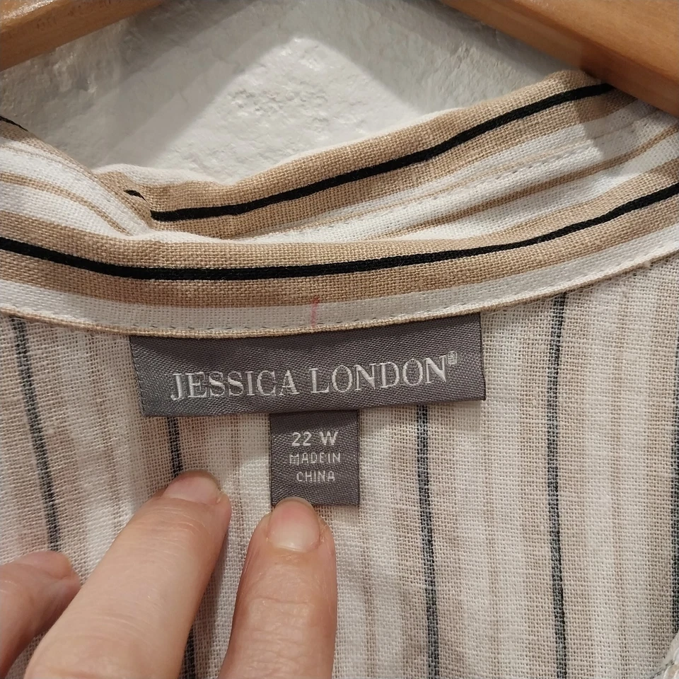 Vestido camisa mistura de linho Jessica London 22 W branco bronzeado listras pretas até o joelho - Imagem 4 de 4