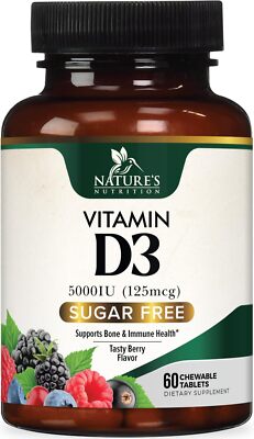 Vitamin D3 5000 IU (125 mcg) Chewable D Vitamin for Bone, Teeth & Immune Health