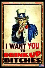 DRINK UP! METAL SIGN 8X12 MADE IN USA! MAN CAVE DRINKING BAR UNCLE SAM HUMOR 