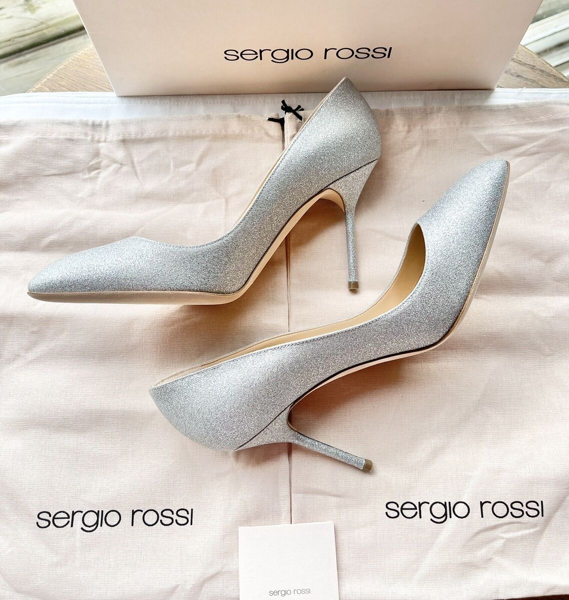 Sergio Rossi Chichi 090 Shiny Silver Leather Point Toe