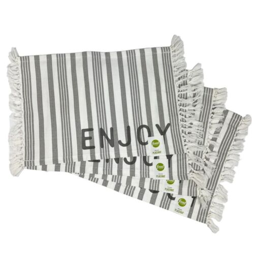 NEW Food Network White Gray Striped Enjoy Cotton Placemats With Tassels Set of 4