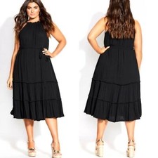 NWT City Chic Fringe Tiered High Neck Midi Dress in Black Women's Size 16