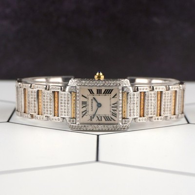 Cartier 25x20mm Tank Silver Dial 4ct Diamond Steel Ladies Watch