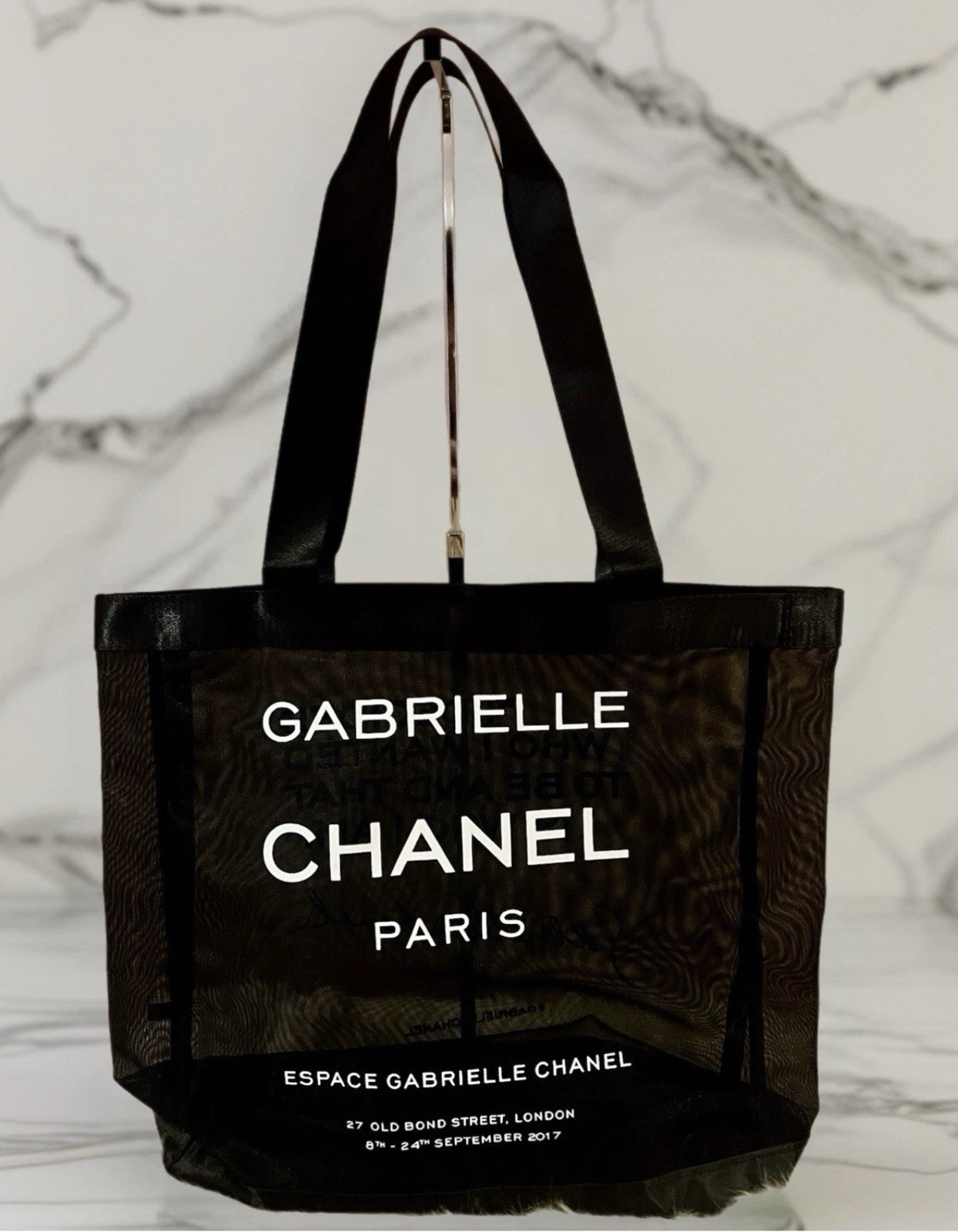 CHANEL Black Mesh Gabrielle Quote Tote Shoulder Bag with Novelty Design