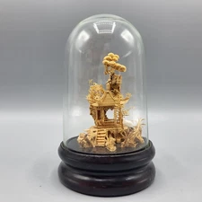 Vtg Chinese Carved Cork Diorama Glass Dome Dark Wood Base Small Shelf Decor READ
