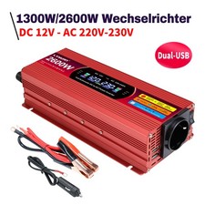 Convertidor de tensión de coche 1300W 2600W 12V a 230V inversor con 2USB 1AC rojo