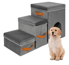 Foldable Dog Stairs for Bed, 3-Step Pet Stairs with 2 Storage Boxes Grey