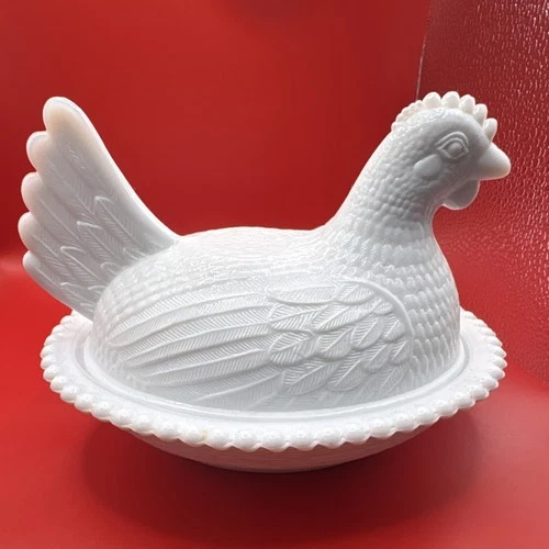 Vintage White Milk Glass Hen on Nest Oval Covered Dish Beaded Edge