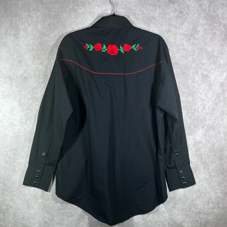 Camisa Western Express Para Hombre Mediana Negra Bordada Floral Perla Snap Vaquero  Foto 4 de 4