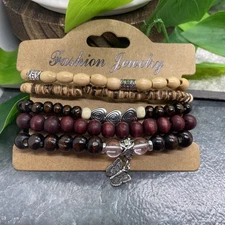 5 PC Handmade Boho Wood Bead Stackable 7” Plus Stretch Charm Bracelet Set B8407