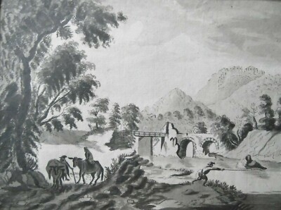 Travellers by a Riverside. von JP Fine English Pen Ink WC um 1790. Monogrammiert 