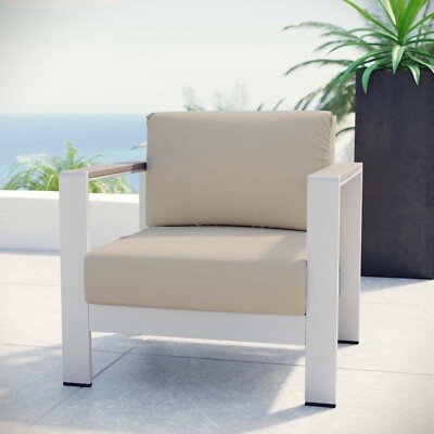 Modway Shore Aluminum Outdoor Patio Arm Chair with Cushions in Silver Beige