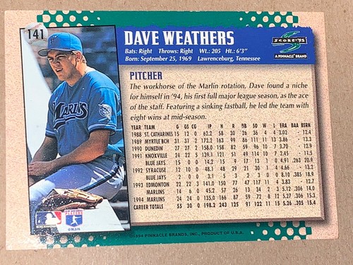 Tarjeta de béisbol 1995 Score Gold Rush Florida Marlins #141 Dave Weathers casi nueva - Imagen 2 de 2