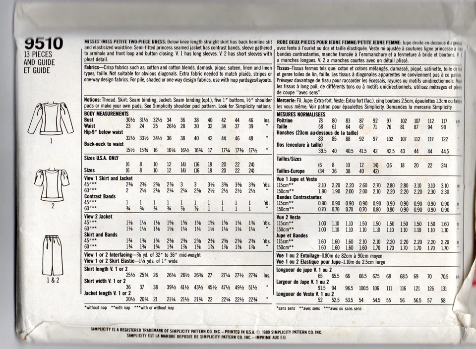 VTG UNCUT 1989 SIMPLICITY SEWING PATTERN, LADIES SUIT SZ XL, XXL 18 TO 24 - Image 2 of 2