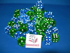 NEW 24 GREEN AND BLUE ACRYLIC DICE 16MM 2 COLORS 12 OF EACH COLOR FREE SHIPPING