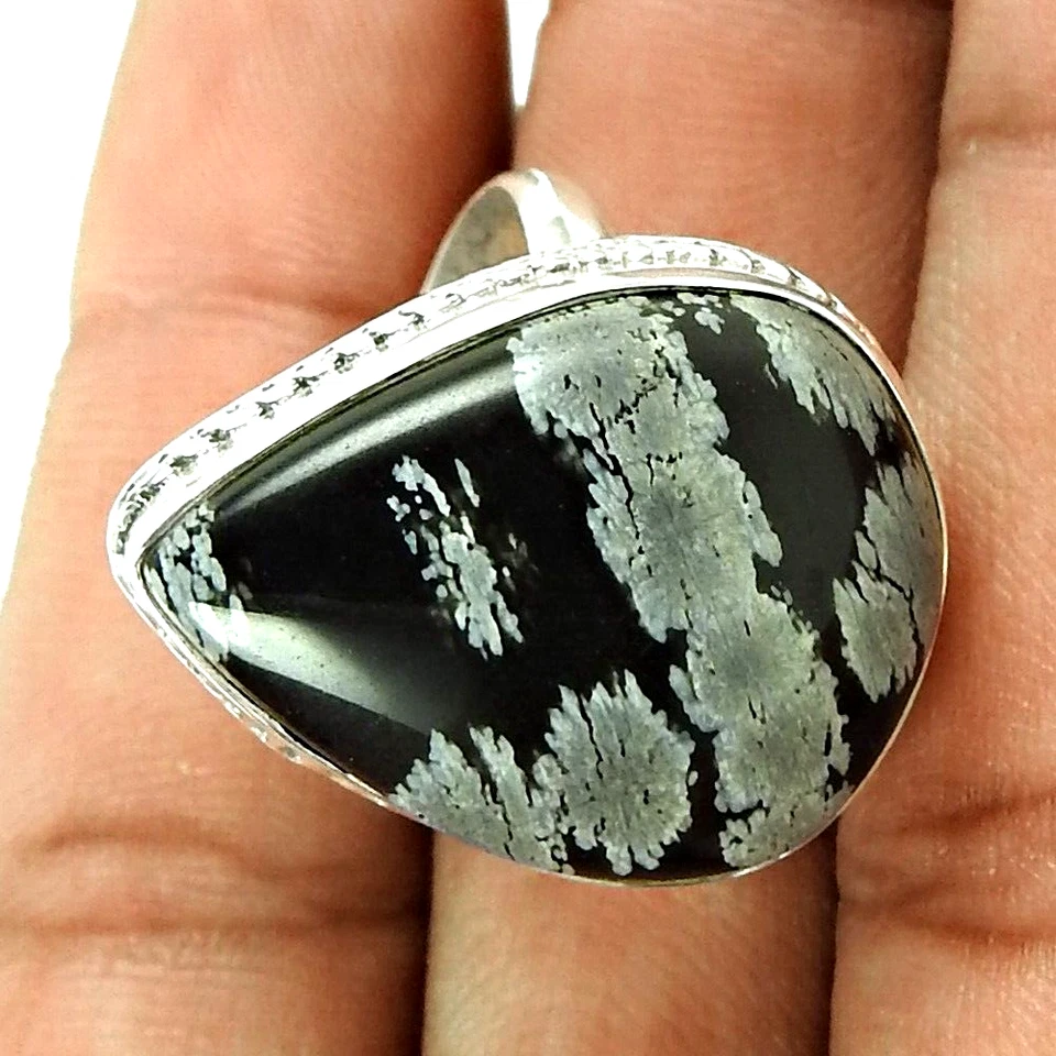 Natural Copo de Nieve Obsidiana Gema Talla Anillo Cocktail 8 925 Plata de Ley L9 - Imagen 2 de 4