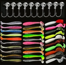 30 Soft Fishing Lures Silicone Lure Set Bait Worm with 10 Jig Head Hook Kit New