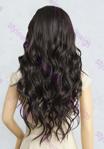 Peluca marrón oscuro larga onda de cuerpo calor OK frente de encaje mezcla de cabello humano EVGE - Imagen 6 de 11