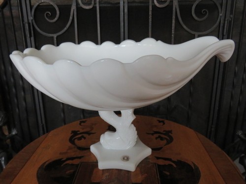 Westmoreland Milk Glass Dolphin Koi Fish 13" Shell Bowl & 9" Candle Holder Pair - Picture 7 of 24